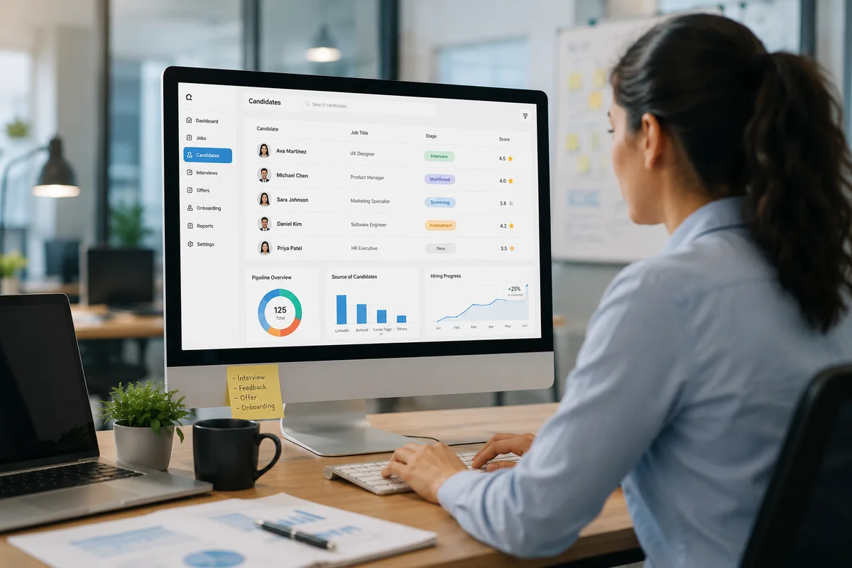 A recruiter reviewing the PyHire candidate dashboard — candidates with job title, stage and score, alongside pipeline, source and hiring-progress charts.