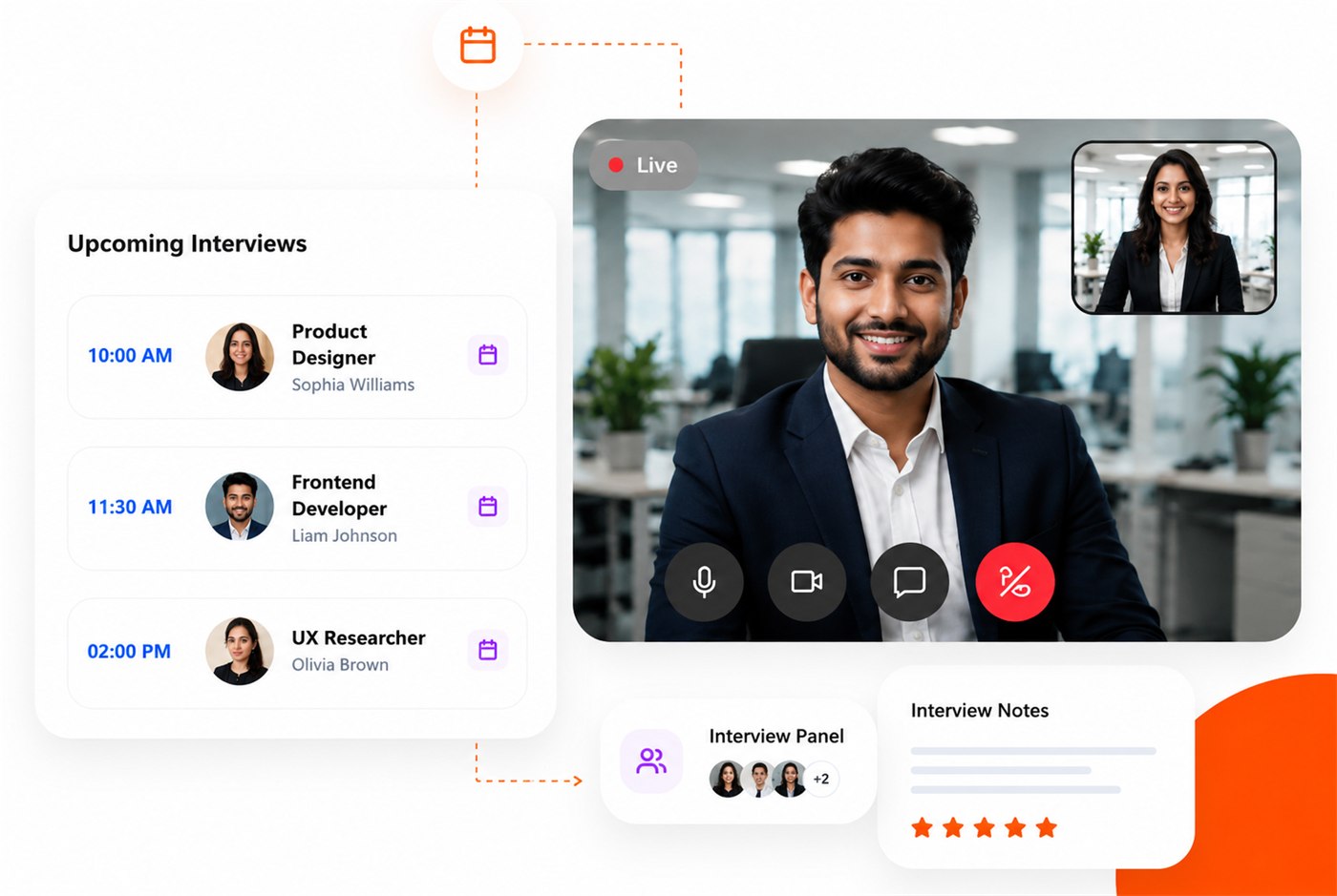 PyHire interview workspace: an Upcoming Interviews schedule listing a Product Designer at 10:00 AM, a Frontend Developer at 11:30 AM and a UX Researcher at 2:00 PM, beside a live video interview with panel members and an interview notes card rated five stars
